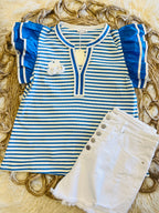 Women’s Blue Stripe Split Neck Ruffle Sleeve Top