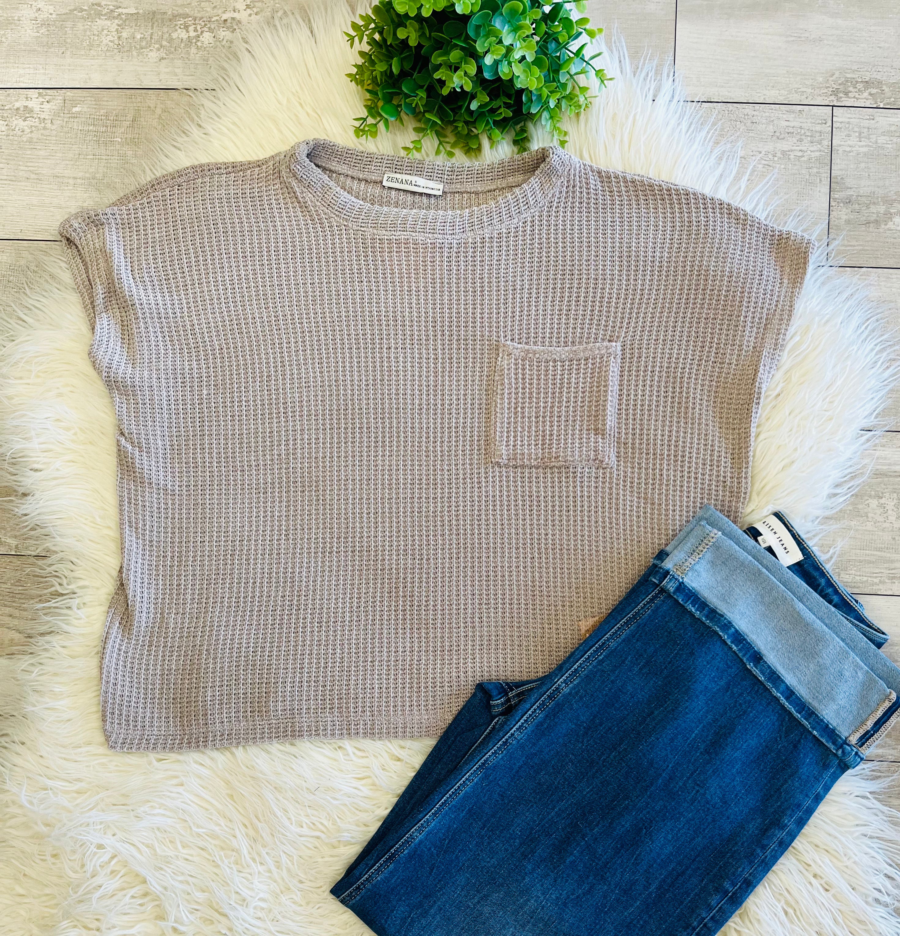 Women’s Zenana Soft Waffle Knit Pocket Top In Ash Mocha - Oversized