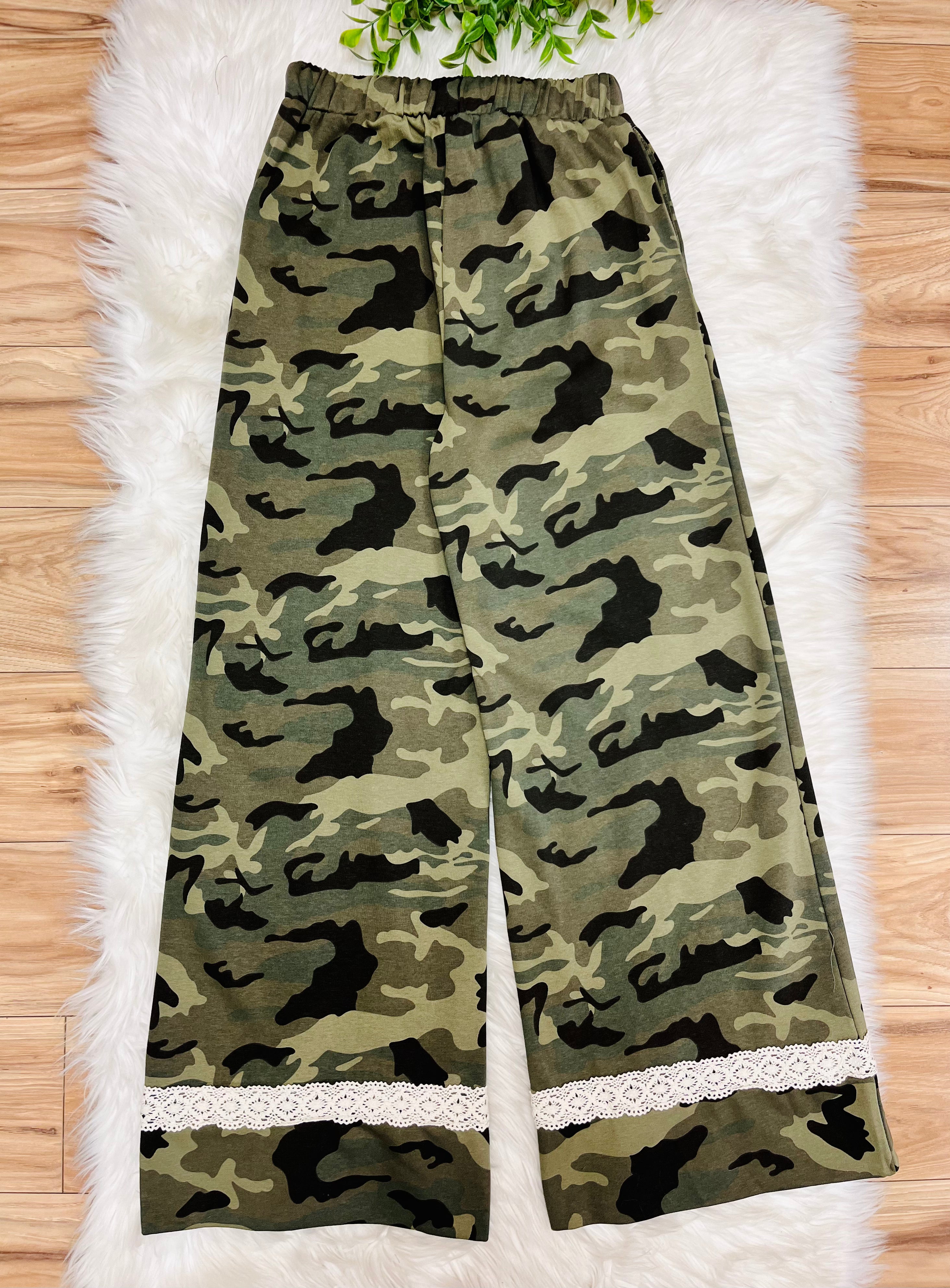 Women’s Anniewear Camouflage Wide Leg Pants with Lace Trim- True to Size