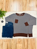 Women’s Dark Brown & Blue Stripe Exposed Seam Split Hem Top by Blu Pepper- Loose Fit