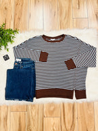 Women’s Dark Brown & Blue Stripe Exposed Seam Split Hem Top by Blu Pepper- Loose Fit