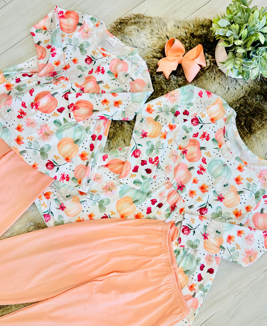 Girls Floral Pumpkin & Coral Outfit
