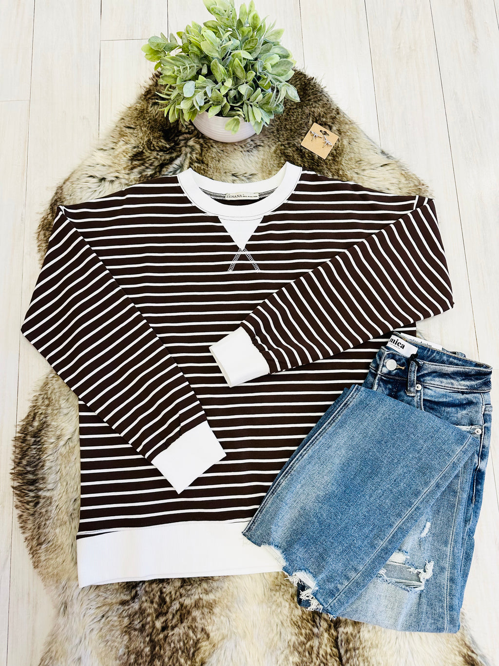 Women’s Zenana Brown Striped Long Sleeve Top with White Trim- True to Size
