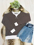 Women’s Zenana Brown Striped Long Sleeve Top with White Trim- True to Size