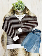 Women’s Zenana Brown Striped Long Sleeve Top with White Trim- True to Size