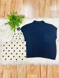 Women’s Navy Pocket Detail Drop Shoulder Short Sleeve Sweater Top by Blu Pepper- True to Size