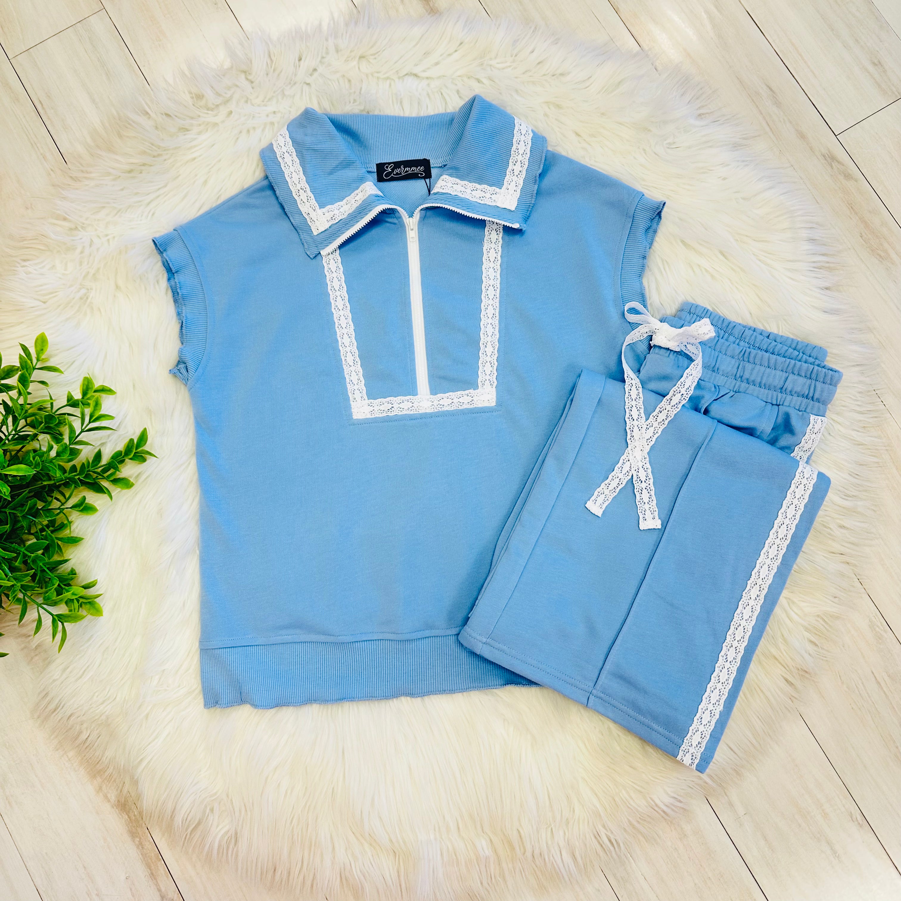 Women’s Blue Half Zip Pant Set with Lace Trim