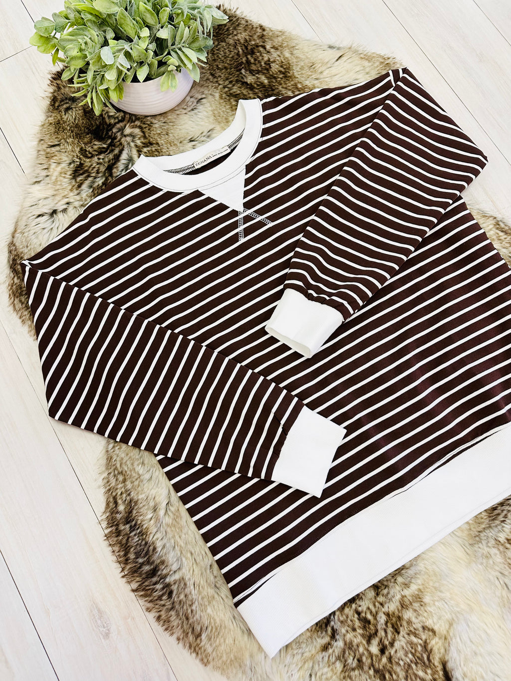 Women’s Zenana Brown Striped Long Sleeve Top with White Trim- True to Size