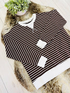 Women’s Zenana Brown Striped Long Sleeve Top with White Trim- True to Size