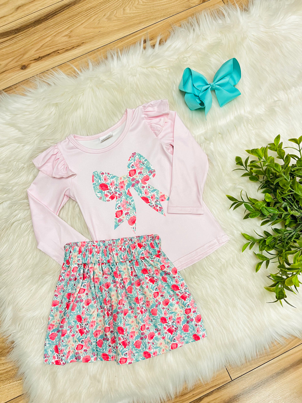 Girl’s Light Pink & Teal Floral Bow Long Sleeve Skirt Outfit