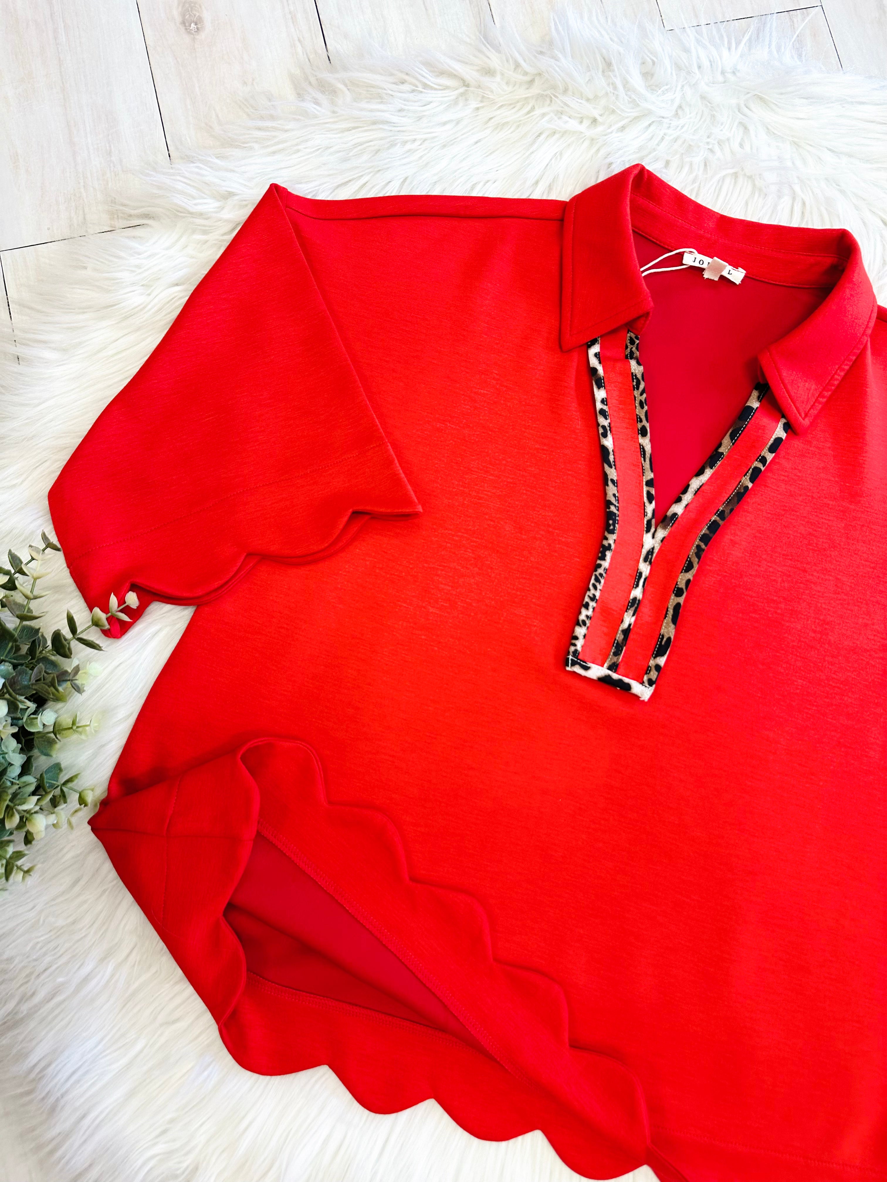 Women’s Red Scalloped Trim Top with Leopard Print Detail by Jodifl- Loose Fit