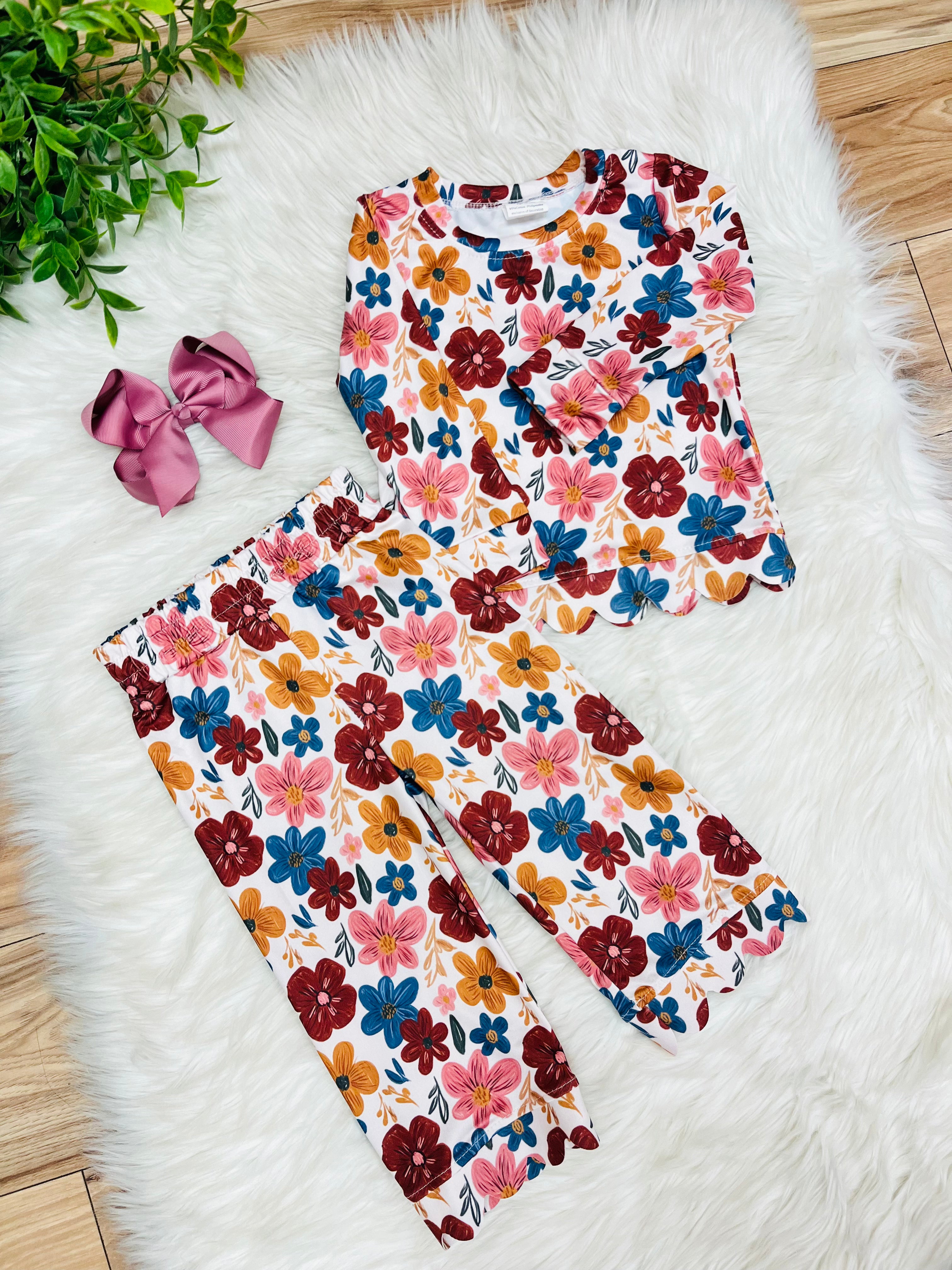 Girl’s Fall Floral Pant Outfit with Scalloped Trim