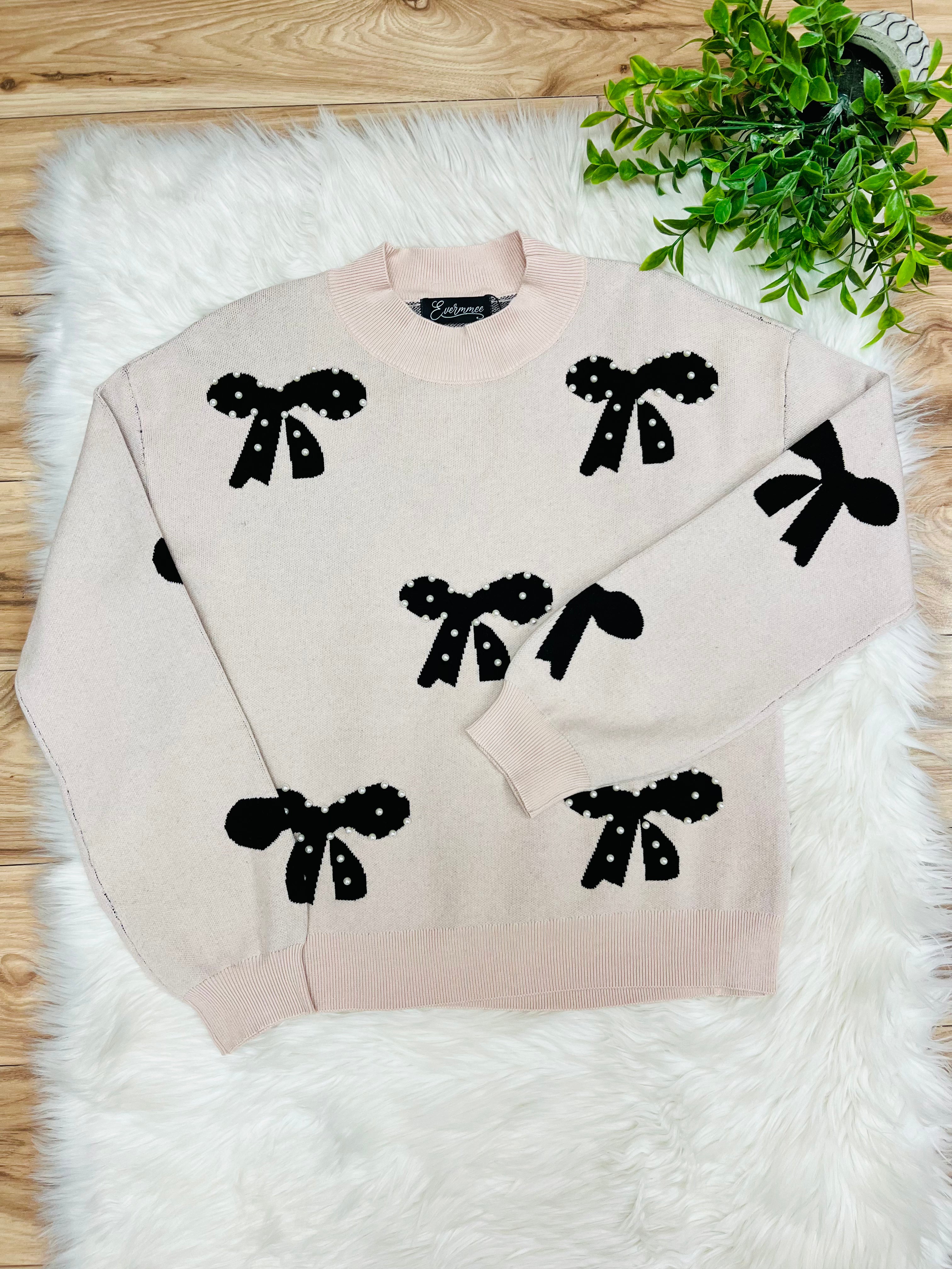 Women’s Evermmee Cream Sweater Top with Black Bows & Pearl Details- True to Size