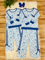 Girl’s Blue Floral Outfit with Bow Ties