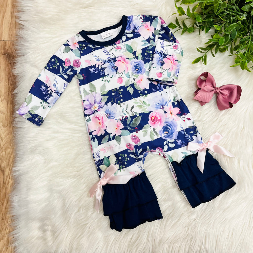 Girl’s Purple and Navy Floral Print Romper
