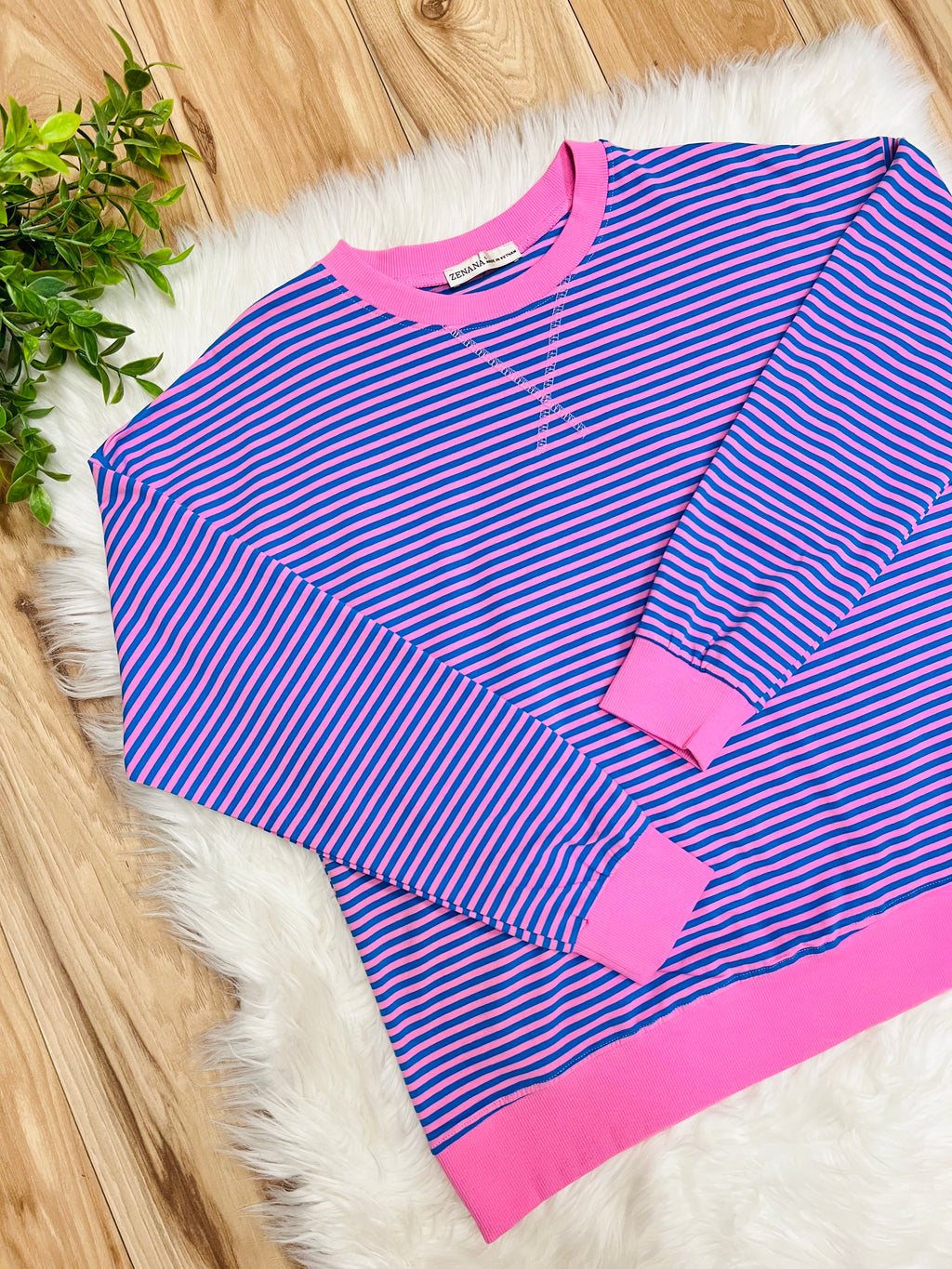 Women’s Zenana Royal Blue and Pink Stripe Long Sleeve Top