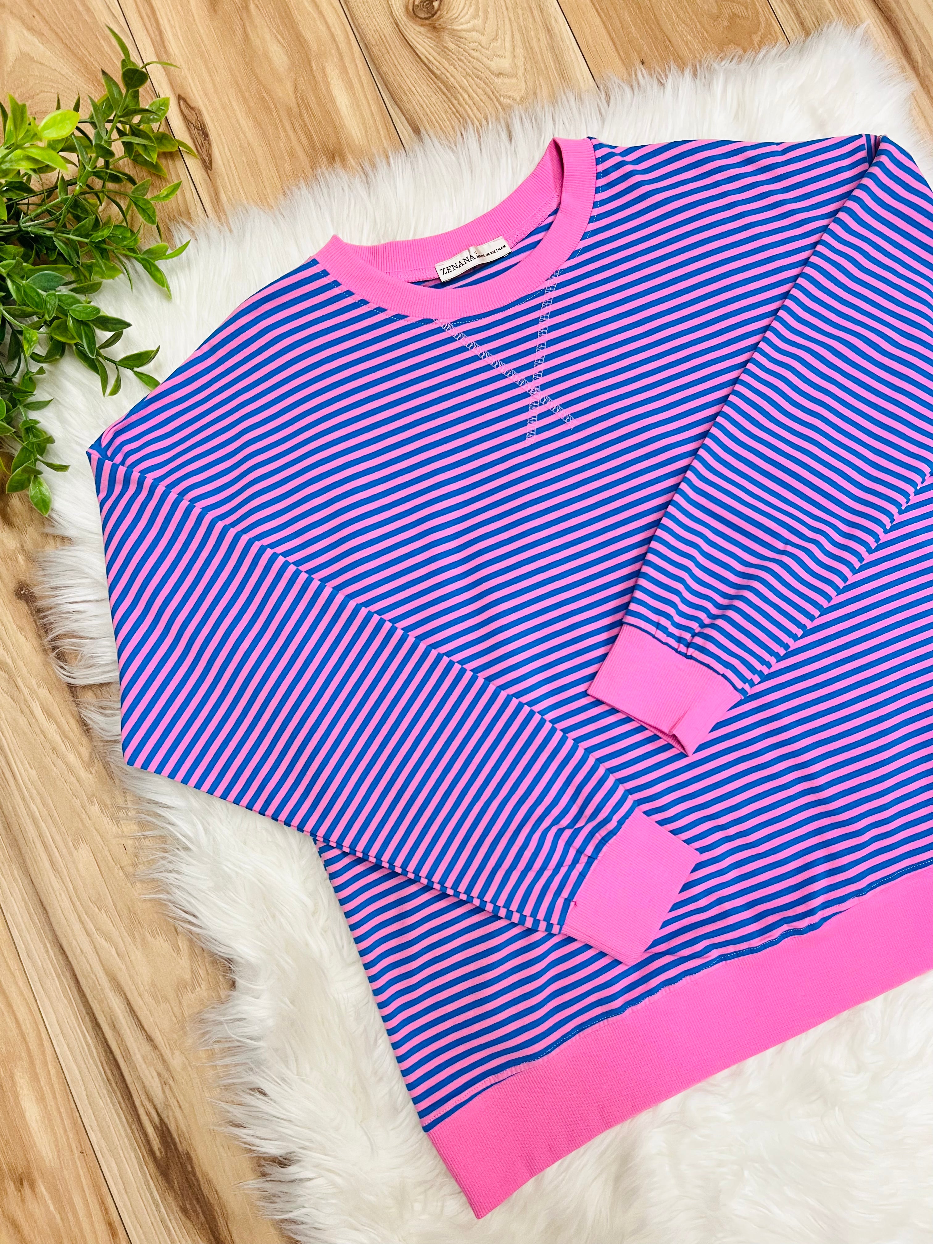 Women’s Zenana Royal Blue and Pink Stripe Long Sleeve Top
