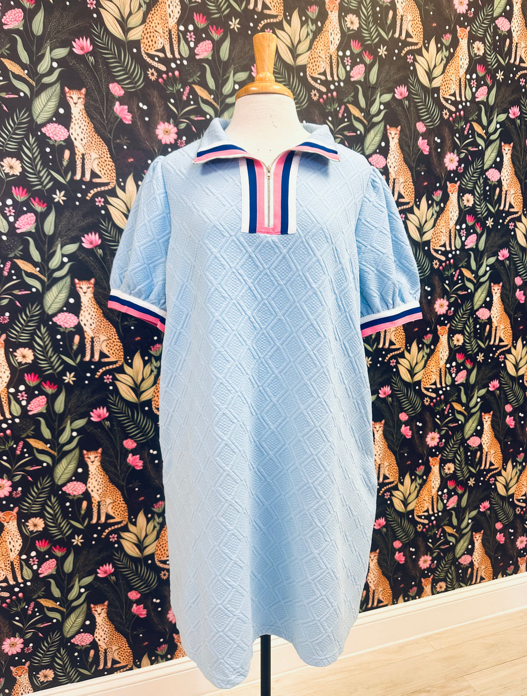 Women’s Evermmee Curvy Blue Textured Dress with Half Zip and Pockets
