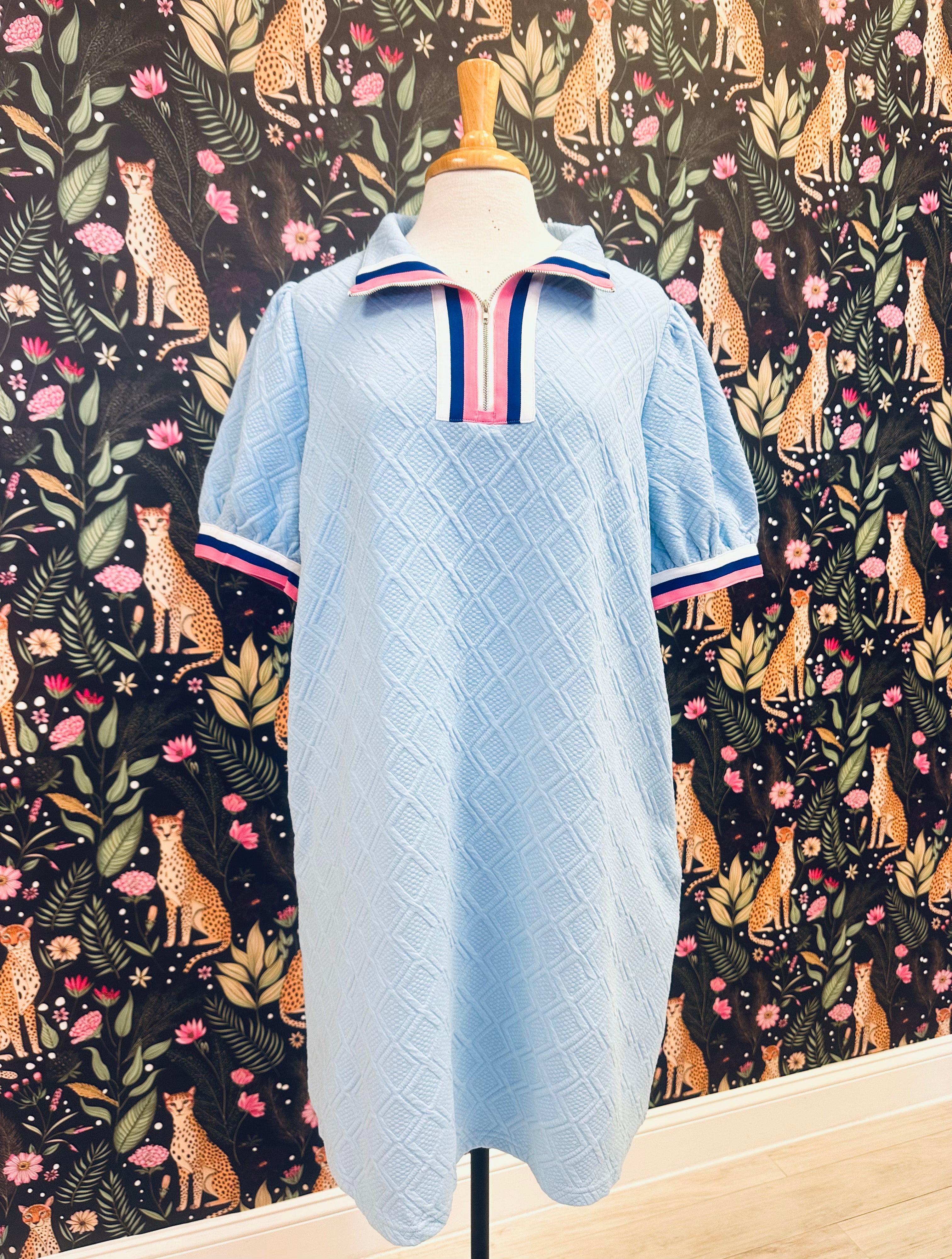 Women’s Evermmee Curvy Blue Textured Dress with Half Zip and Pockets