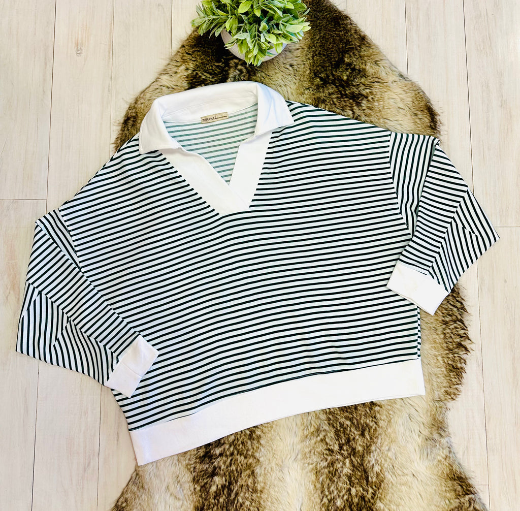 Women’s Zenana Green & White Long Sleeve Stripped Set