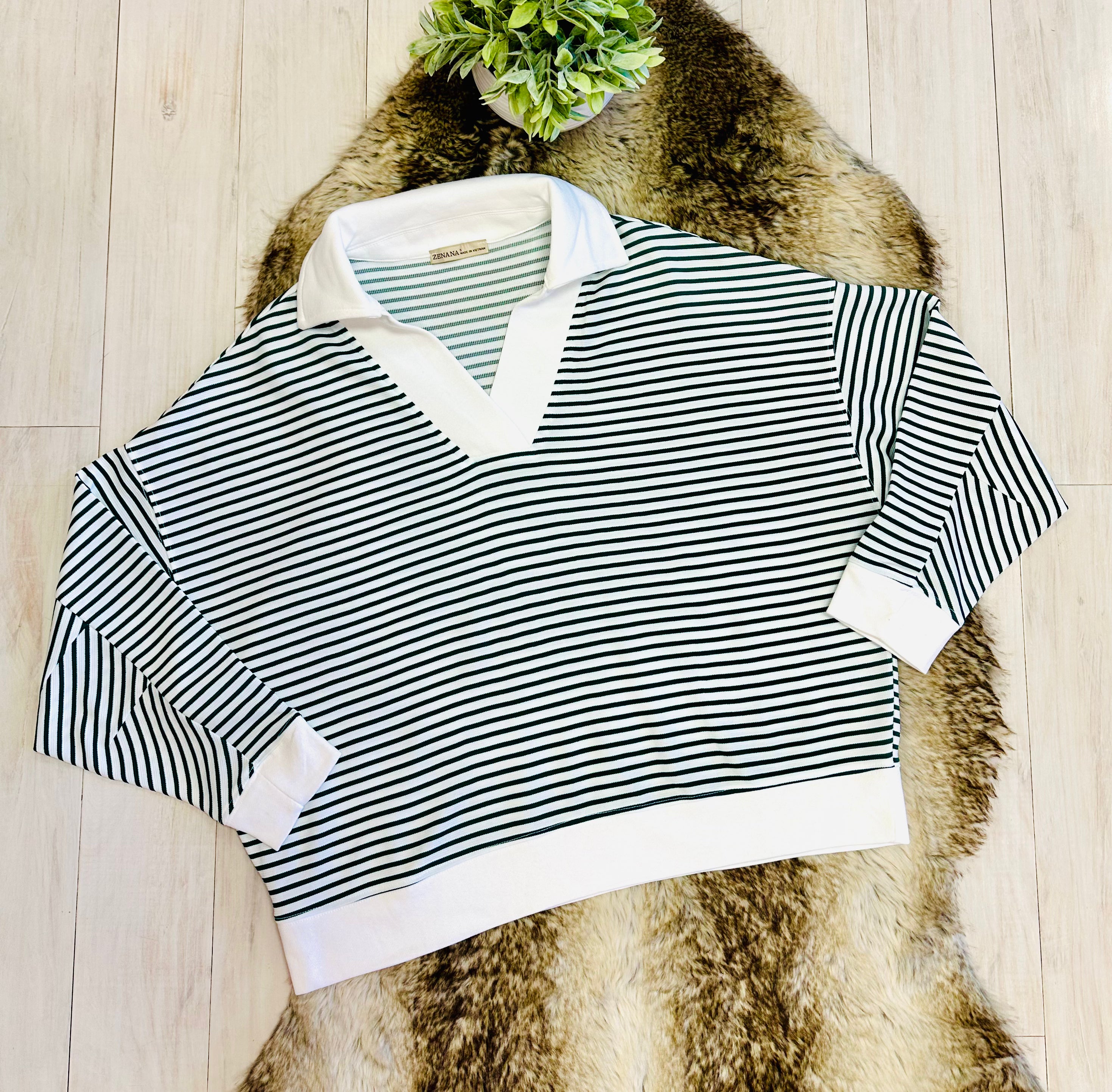 Women’s Zenana Green & White Long Sleeve Stripped Set
