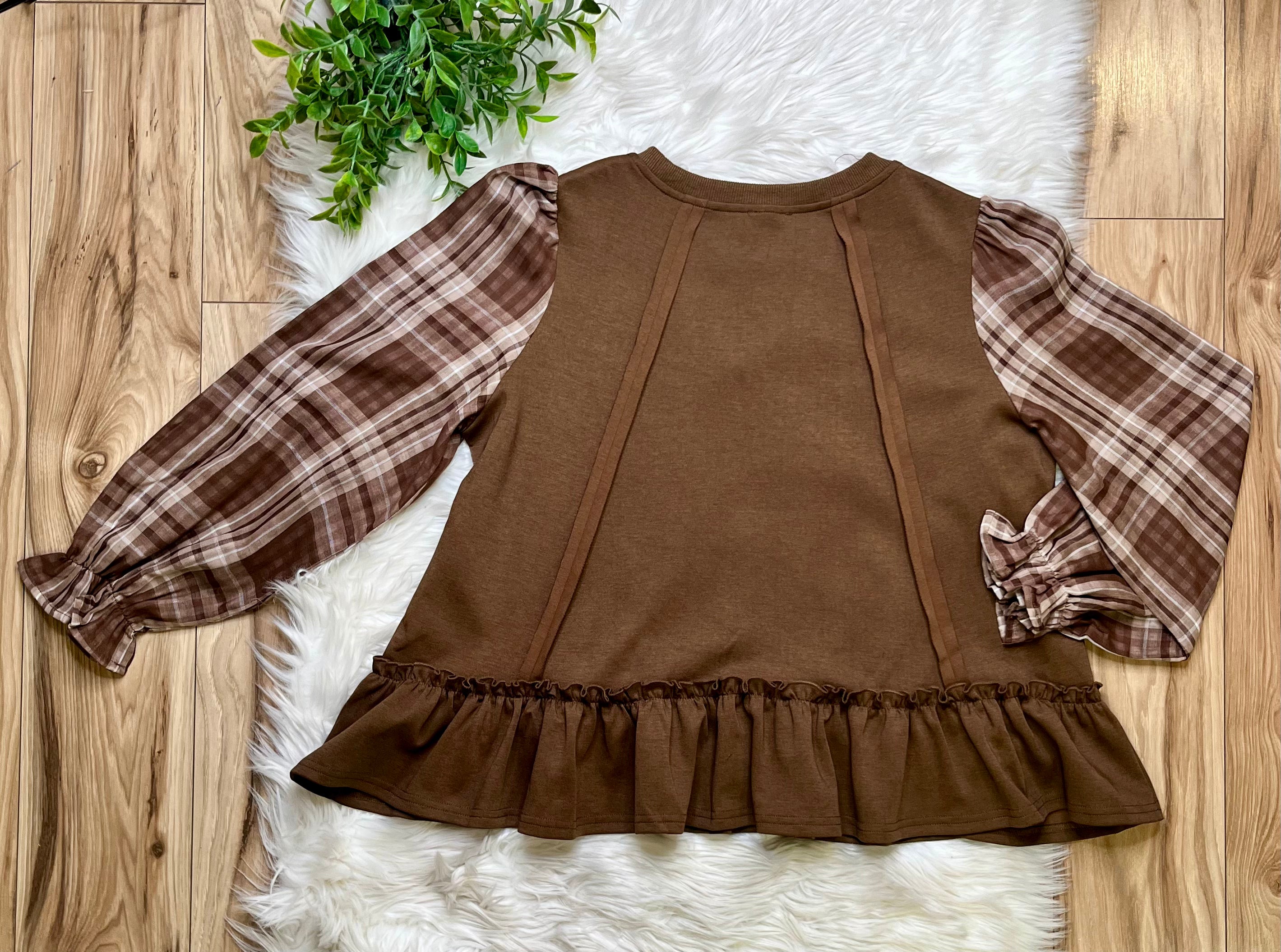 Women’s Bibi Mocha Plaid Ruffle Top- Oversized