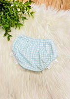 Girl’s White & Blue Gingham Bloomers with Ruffle Trim