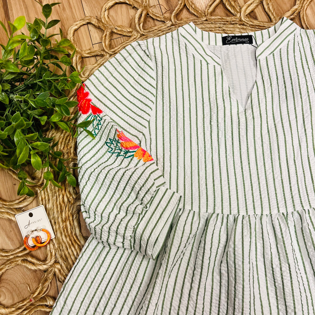 Women’s Evermmee White Babydoll Style Top with Green Stripes and Floral Details