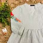 Women’s Evermmee White Babydoll Style Top with Green Stripes and Floral Details