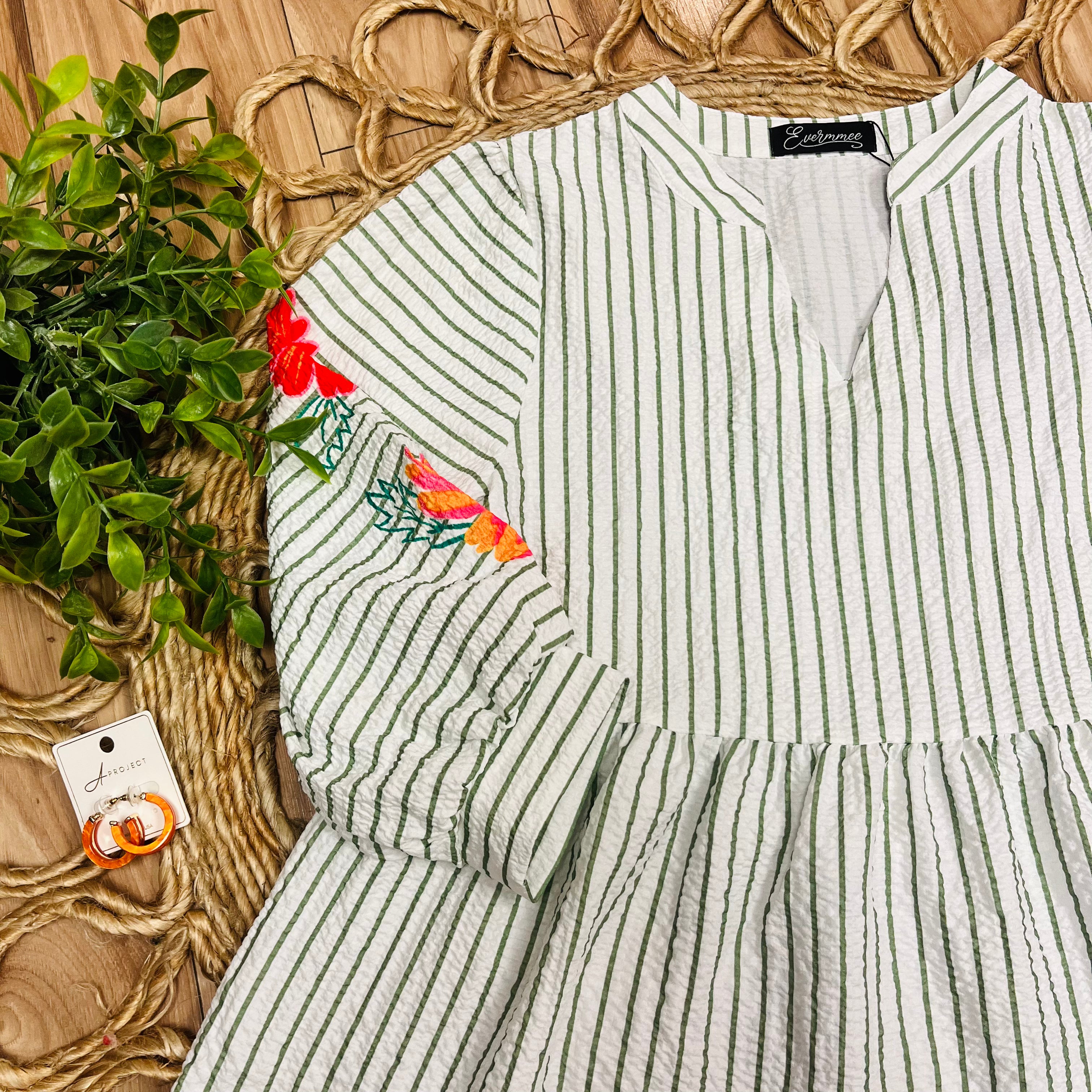Women’s Evermmee White Babydoll Style Top with Green Stripes and Floral Details