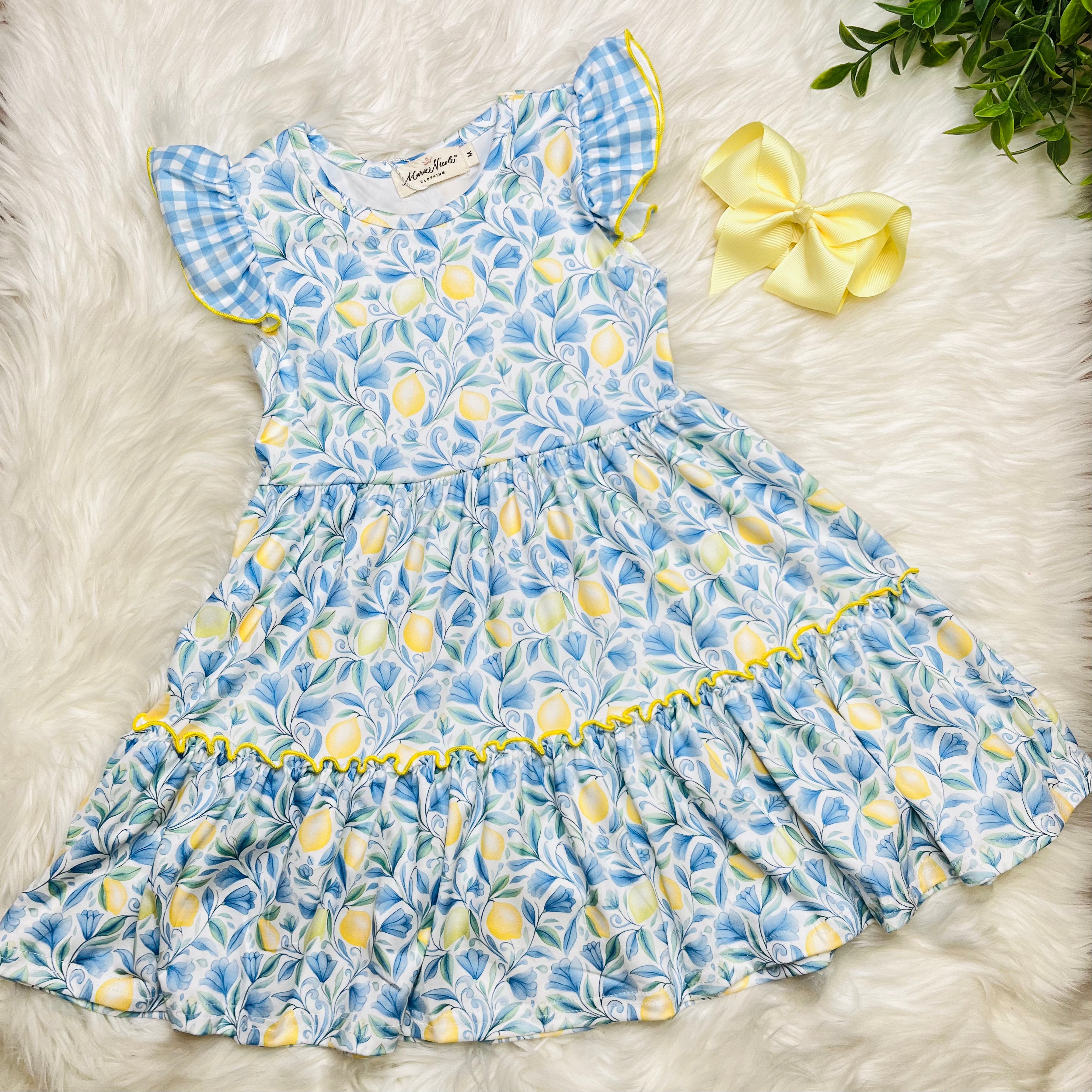 Girls Sunny Lemon Gingham Ruffle Dress