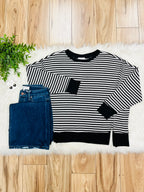 Women’s Black Stripe Exposed Seam Split Hem Top by Blu Pepper- Loose Fit