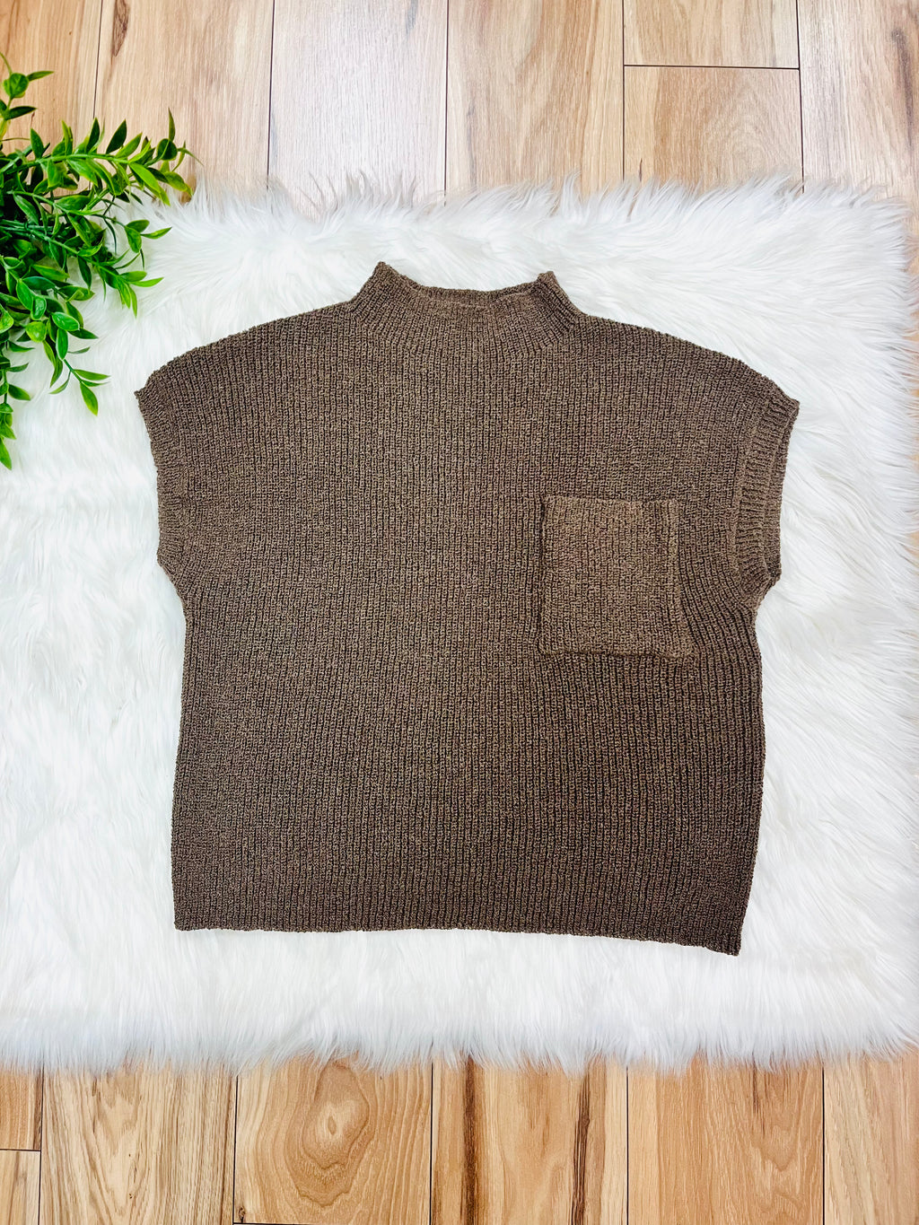 Women’s Mocha Pocket Detail Drop Shoulder Short Sleeve Sweater Top by Blu Pepper- True to Size