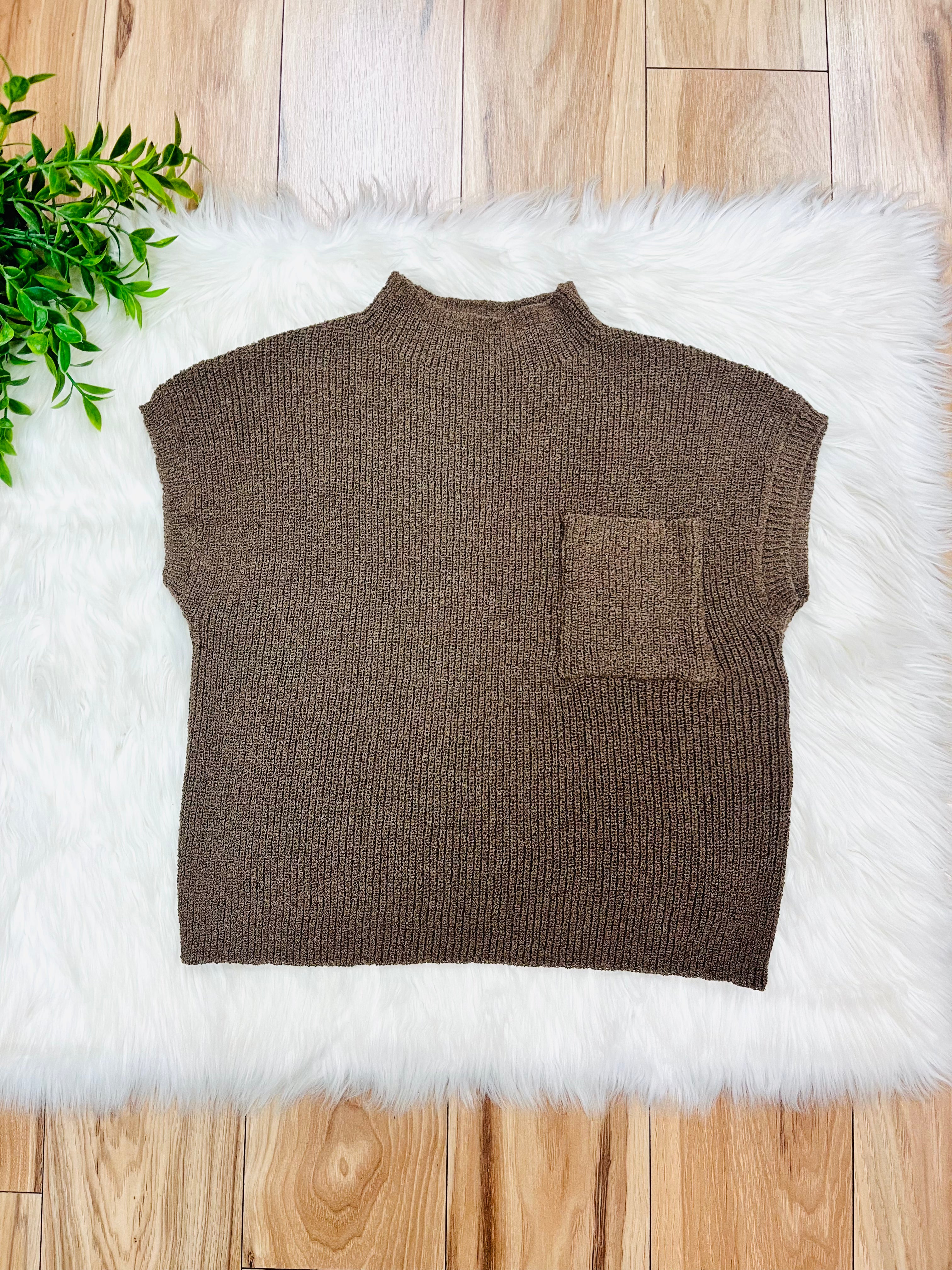 Women’s Mocha Pocket Detail Drop Shoulder Short Sleeve Sweater Top by Blu Pepper- True to Size