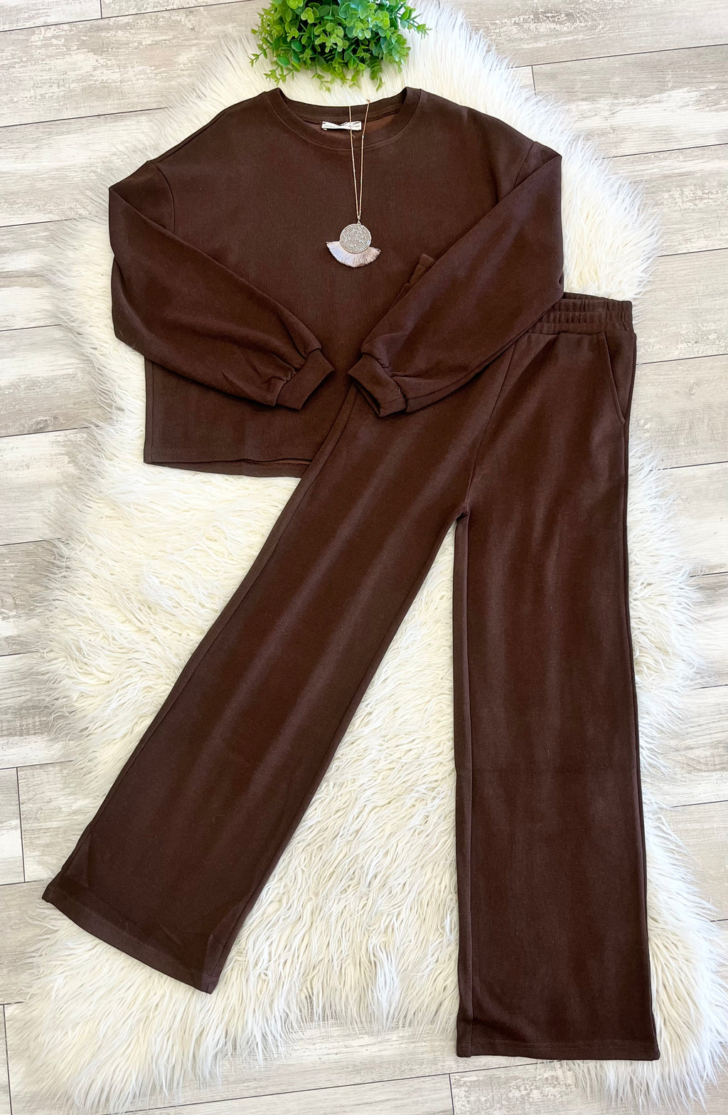 Women’s Zenana Chocolate Long Sleeve Two Piece Set - True to size