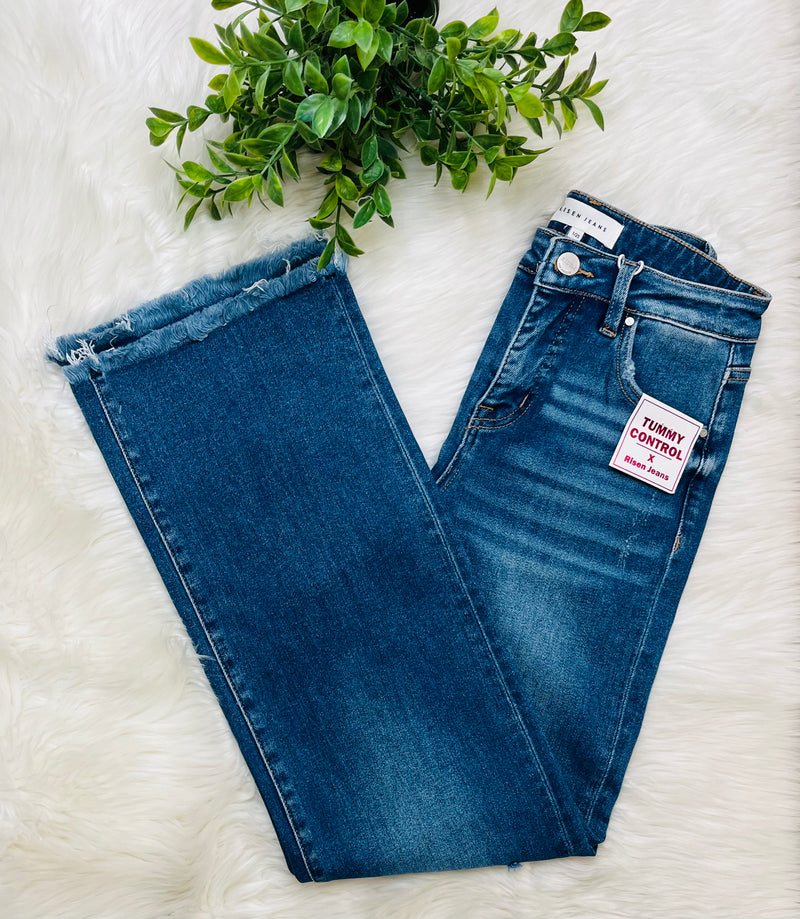 Risen Dark Wash Mid Rise Fray Hem Jeans