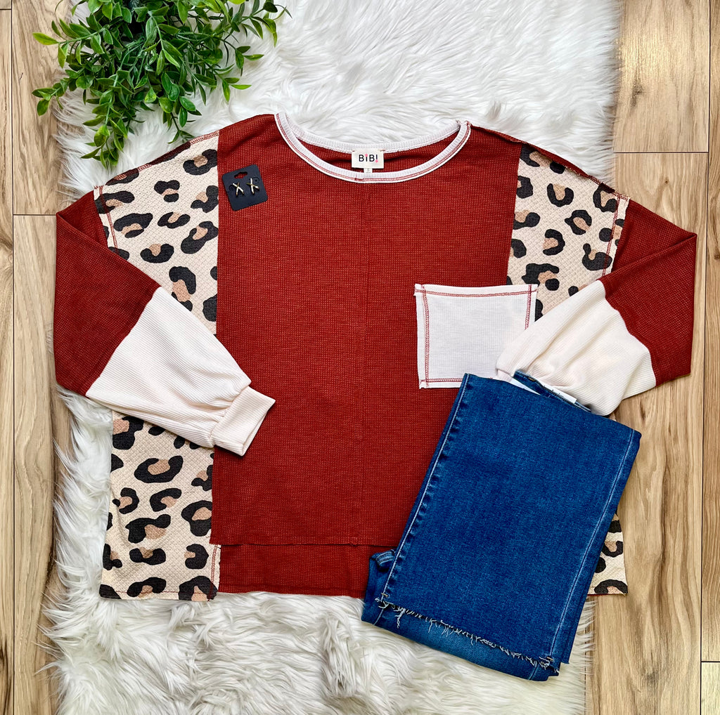Women’s Bibi Rust Leopard Front Pocket Top- Loose Fit