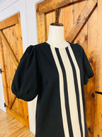 Women’s Anniewear Black & Cream Vertical Border Puff Sleeve Dress- True to Size