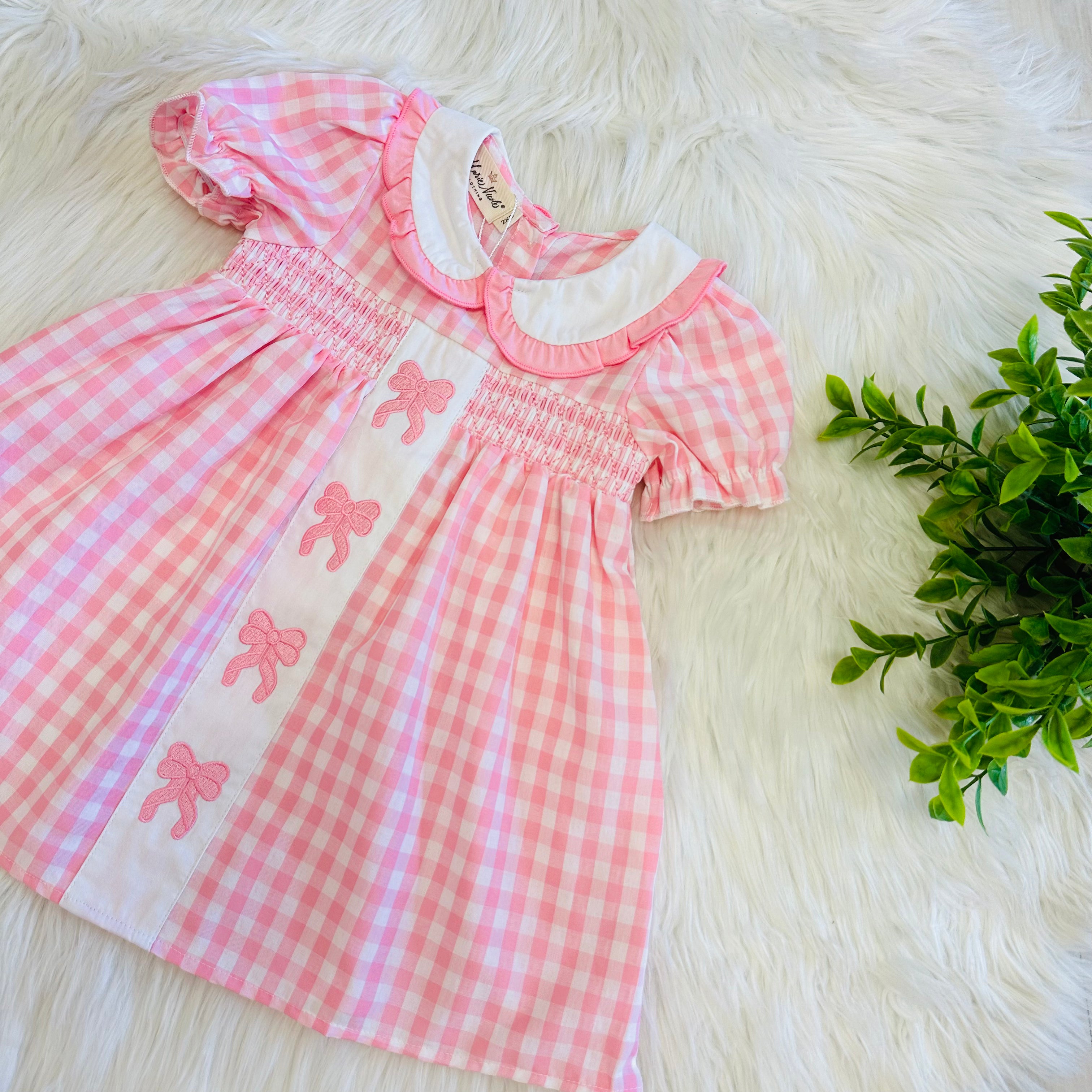 Girl’s Pretty Bows Pink Gingham Embroidered Dress