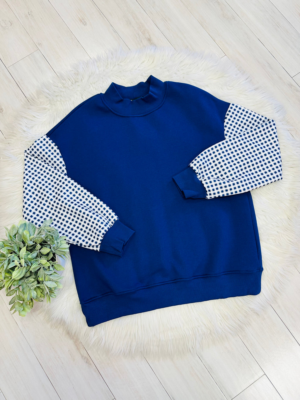 Women’s Evermmee Blue Mock Neck Pullover Top with Gingham Print Sleeves- Loose Fit