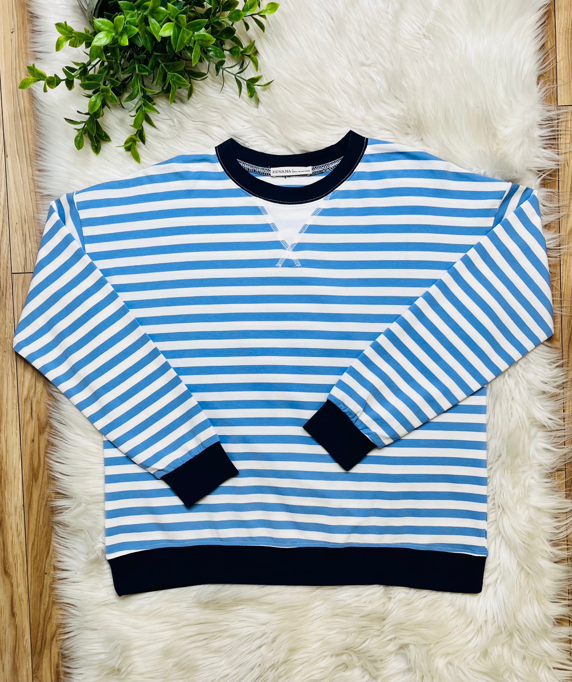 Women’s Cornflower Blue and Navy Stripe Top- Loose Fit