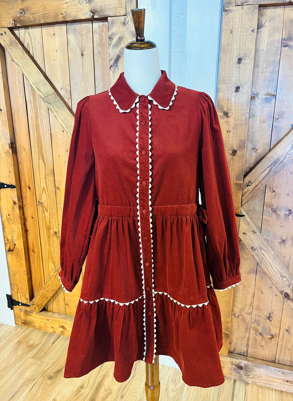 Women’s Jodifl Burgundy Button Down Long Sleeve Corduroy Dress with Scalloped Trim- True to Size