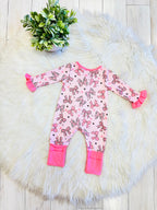 Girls Pink Bow Print Ruffle Romper