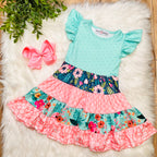 Girls Green Mixed Pattern Ruffle Dress