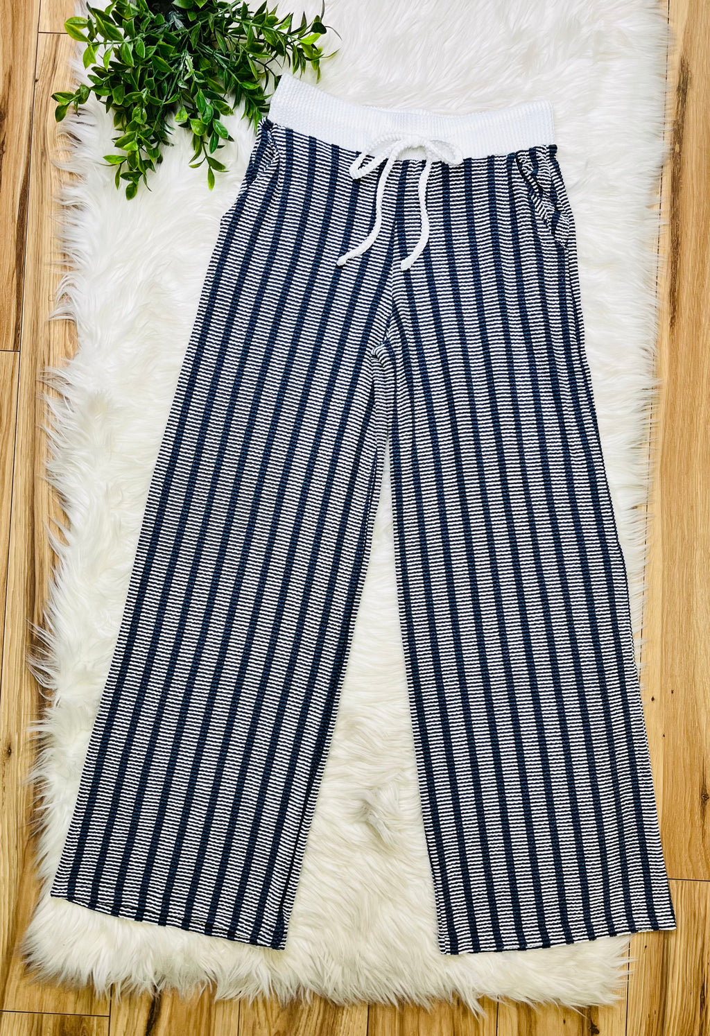 Women’s Zenana Navy Striped Ribbed Pant Set