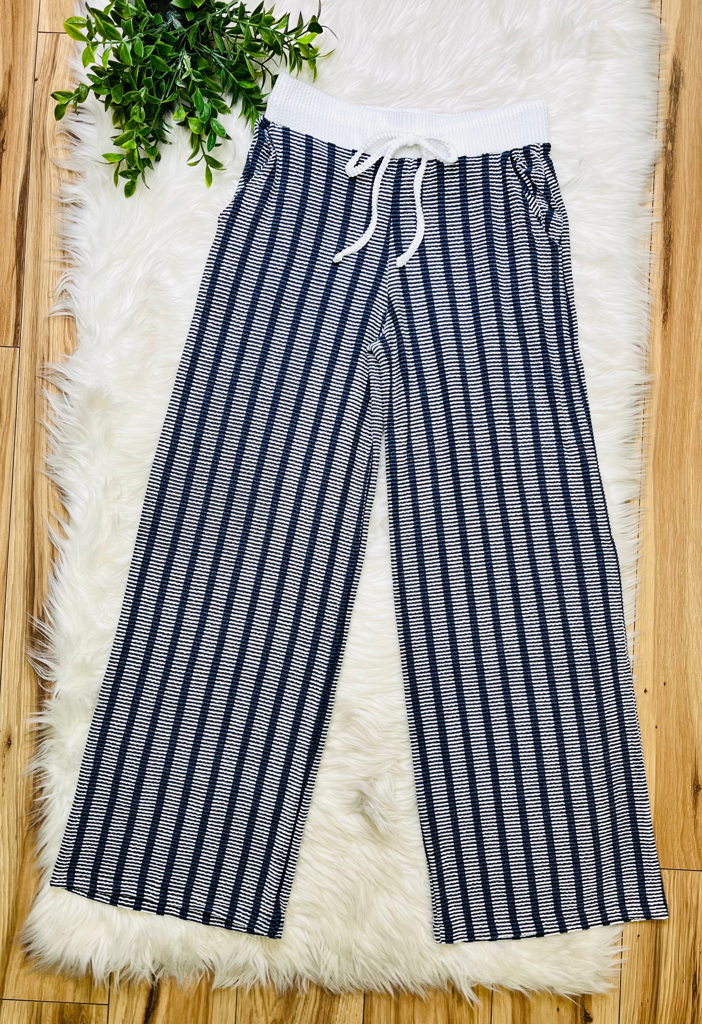 Women’s Zenana Navy Striped Ribbed Pant Set