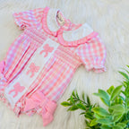 Girl’s Pretty Bows Pink Gingham Embroidered Romper