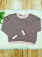 Women’s Stripe Light Pink & Burgundy Relaxed Sweater Top by Blu Pepper- Loose Fit