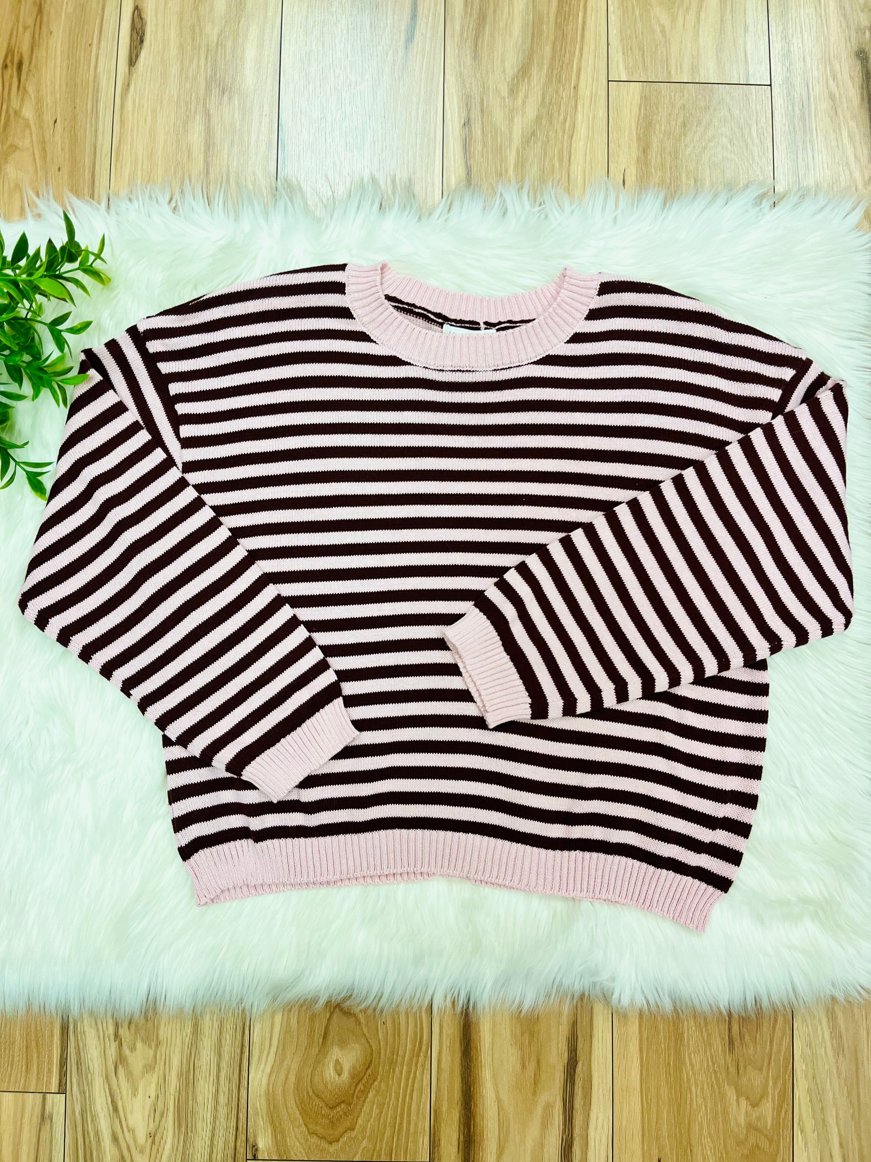 Women’s Stripe Light Pink & Burgundy Relaxed Sweater Top by Blu Pepper- Loose Fit