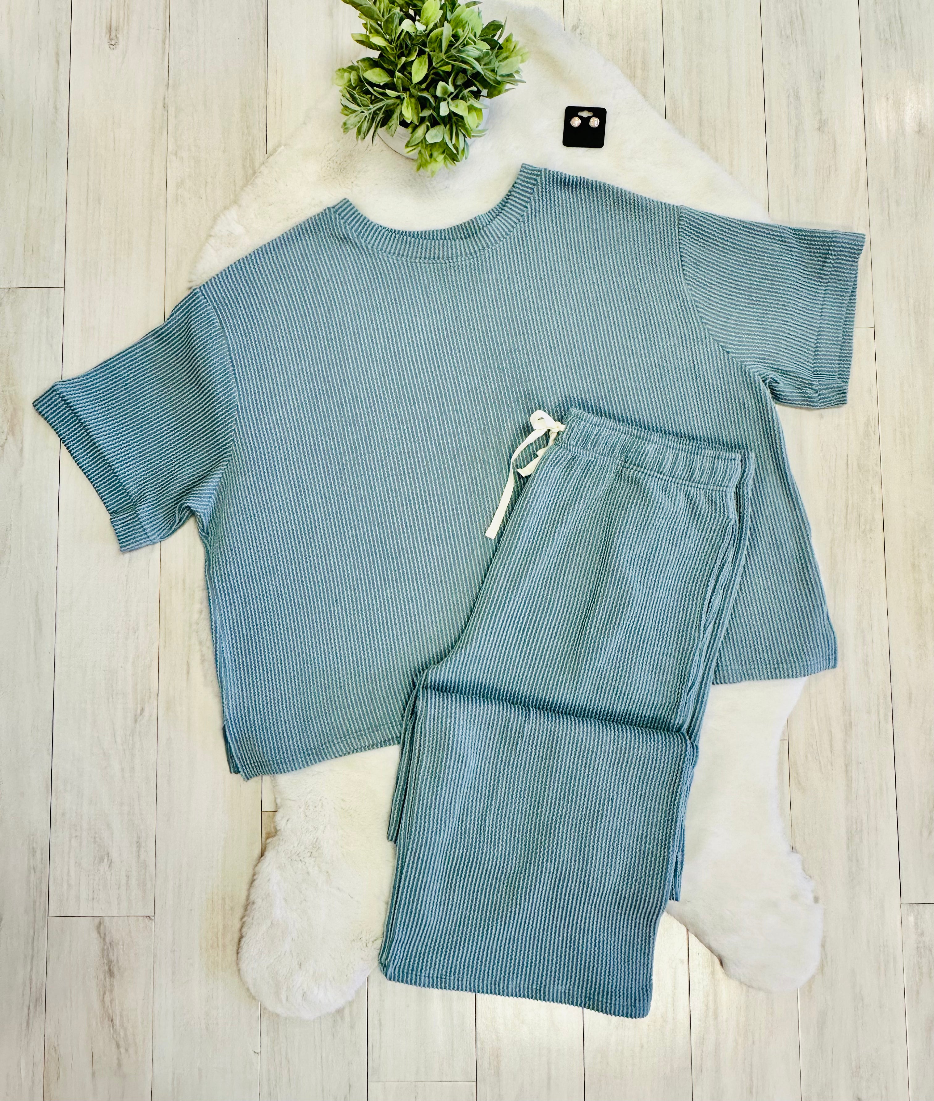 Women’s Zenana Blue Grey Ribbed Set